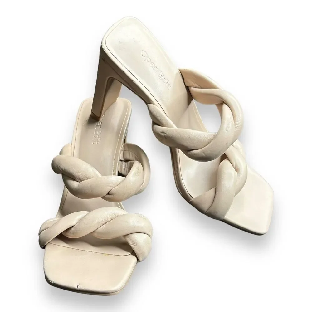 Open Edit Sandals Womens Size 6 Cream‎ Braided Double Strap Slip On Heels